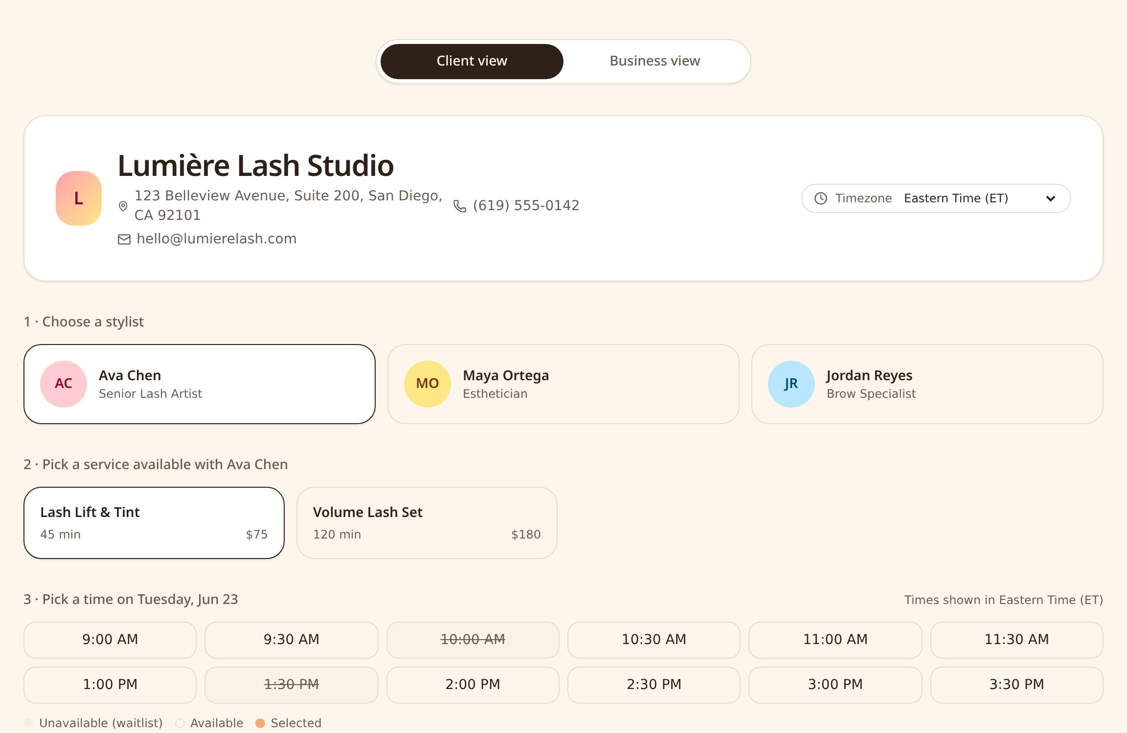 Preview of a premium OperMae public booking page for an eyelash extension business