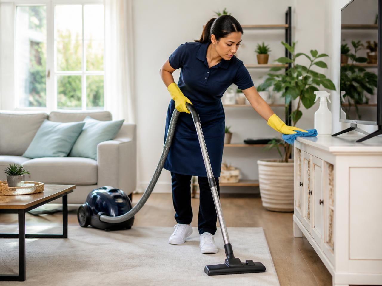 Cleaner vacuuming and wiping surfaces in a living room