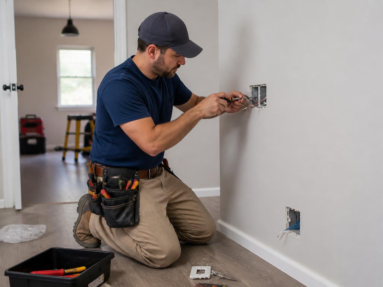 Electrician wiring a wall outlet with a screwdriver