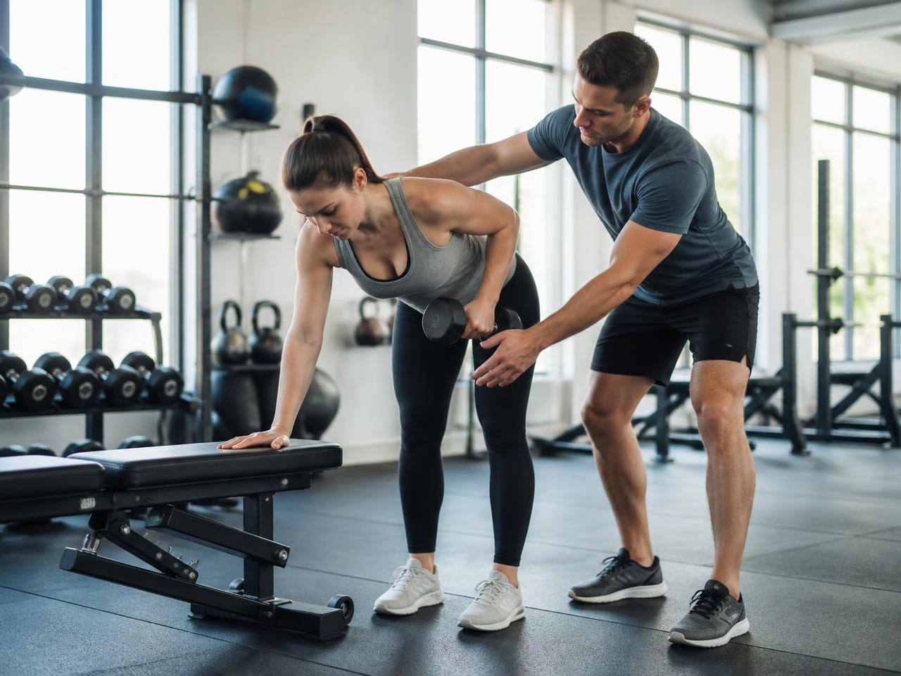 Personal trainer coaching a client through a dumbbell exercise
