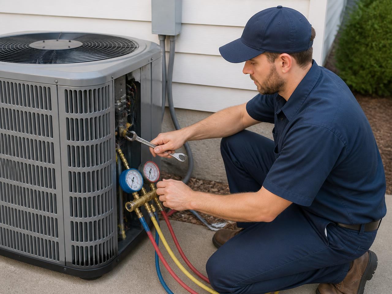 Technician servicing an air-conditioning unit with a wrench and gauges